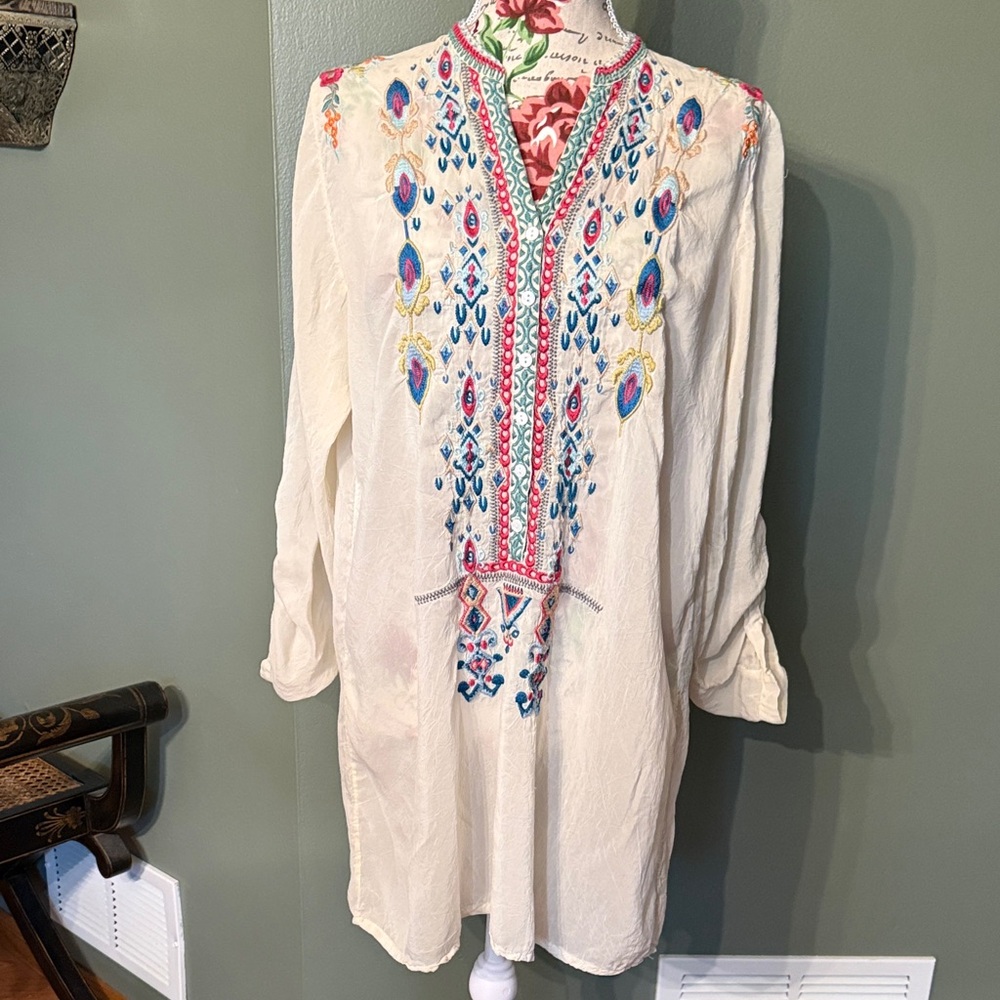 Johnny Was Cream Embroidered Tunic with Blue, Pink, Green Accents